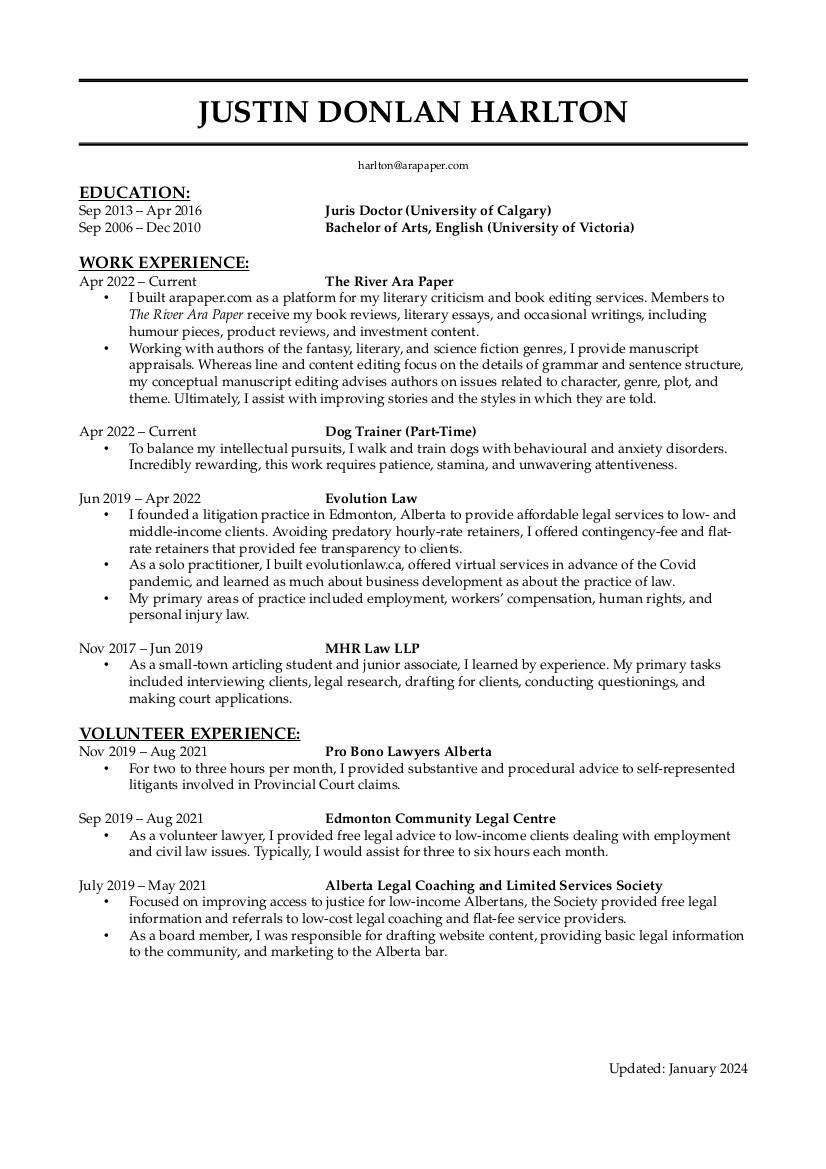 Resume of Justin Donlan Harlton